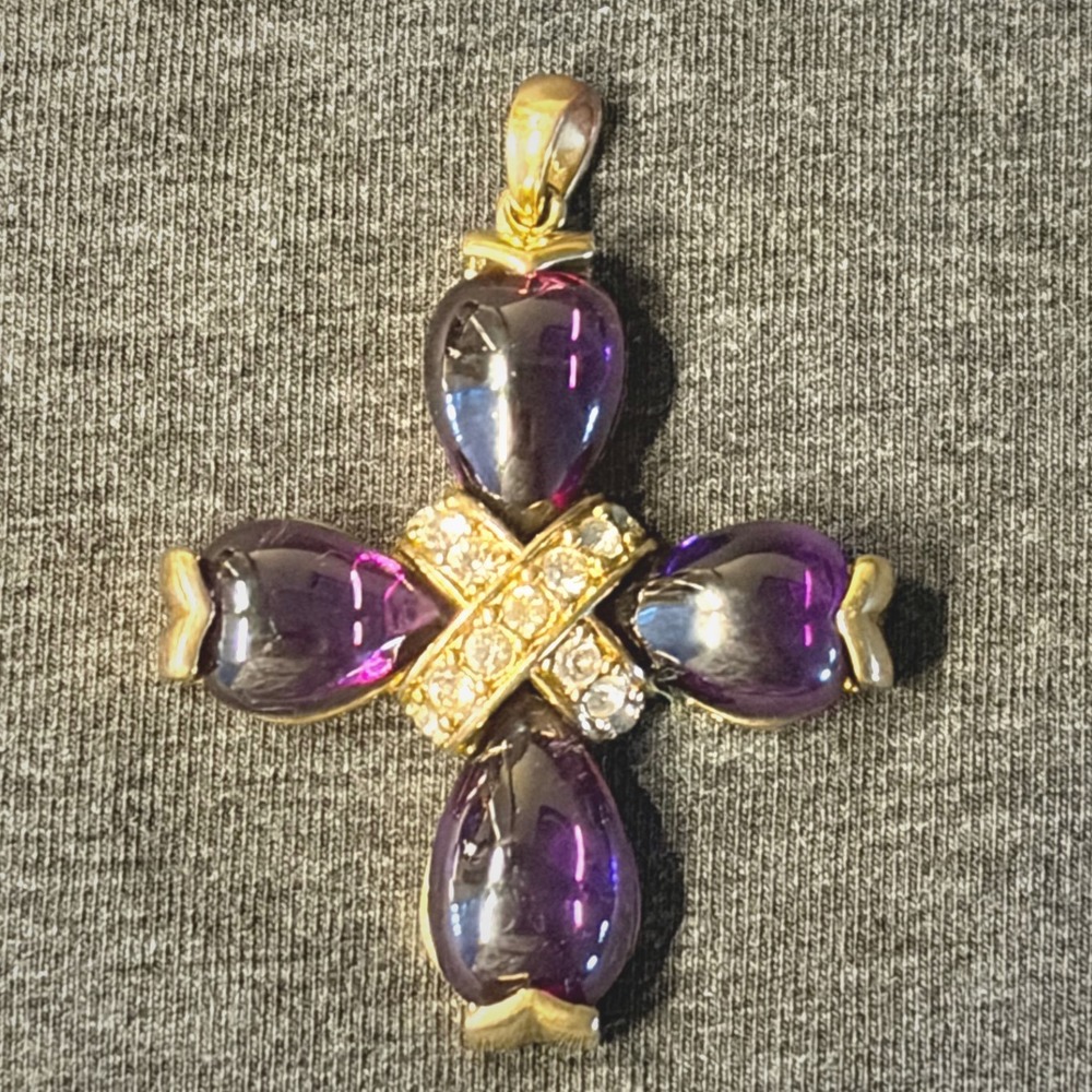 Pendant Gold Tone Purple Gemstone Rhinestone Vintage Cross Statement 1.5"
